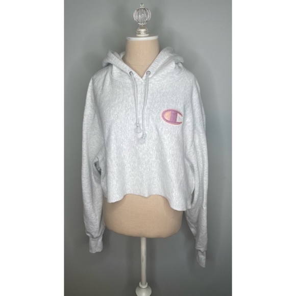 Champion Grey Cropped Hoodie Size Large - Picture 1 of 4